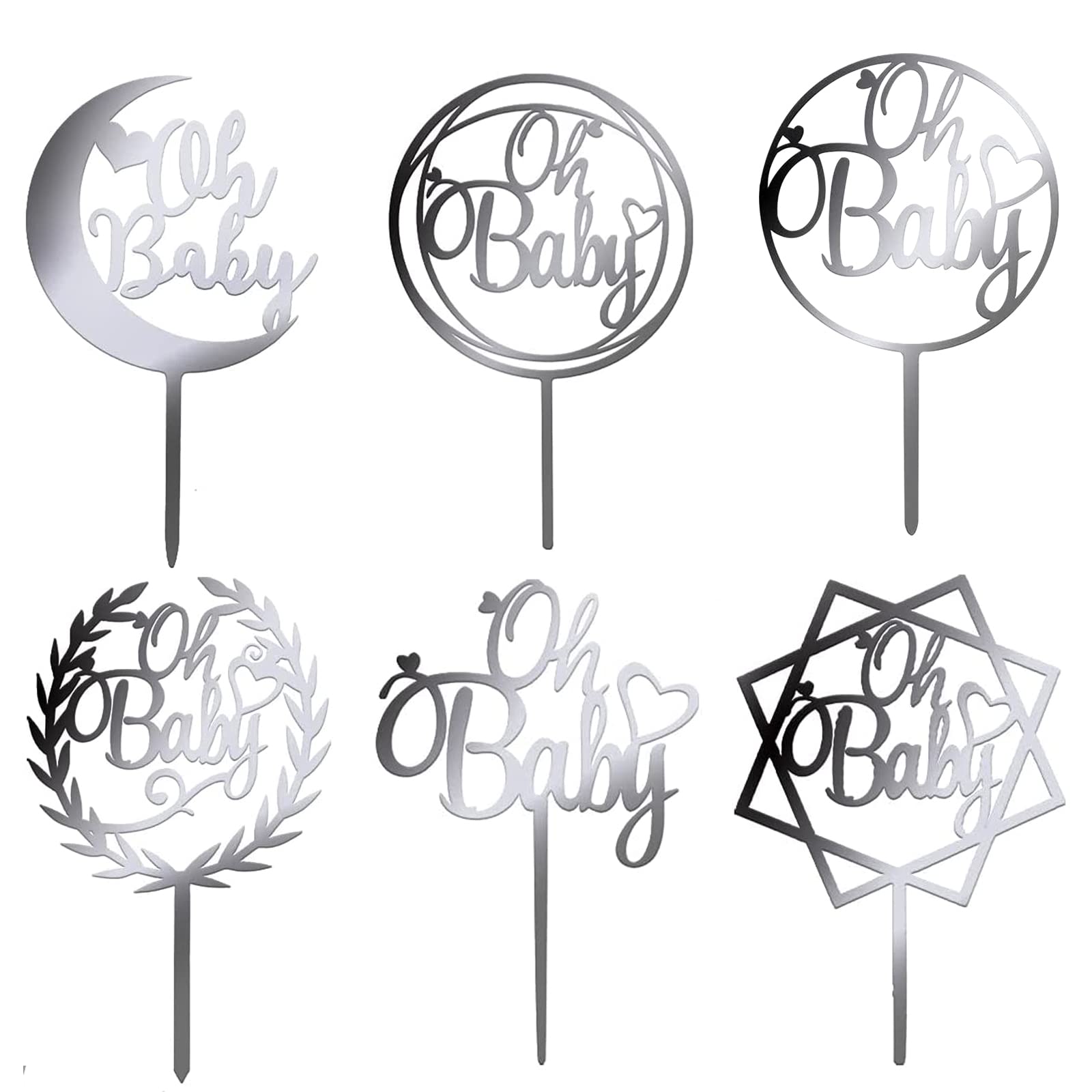 6Pcs Oh Baby Cake Topper Silver Acrylic Baby Shower Cake Decorations for Baby Girl Boy Birthday Cake Party Supplies Cake Toppers（Silver）