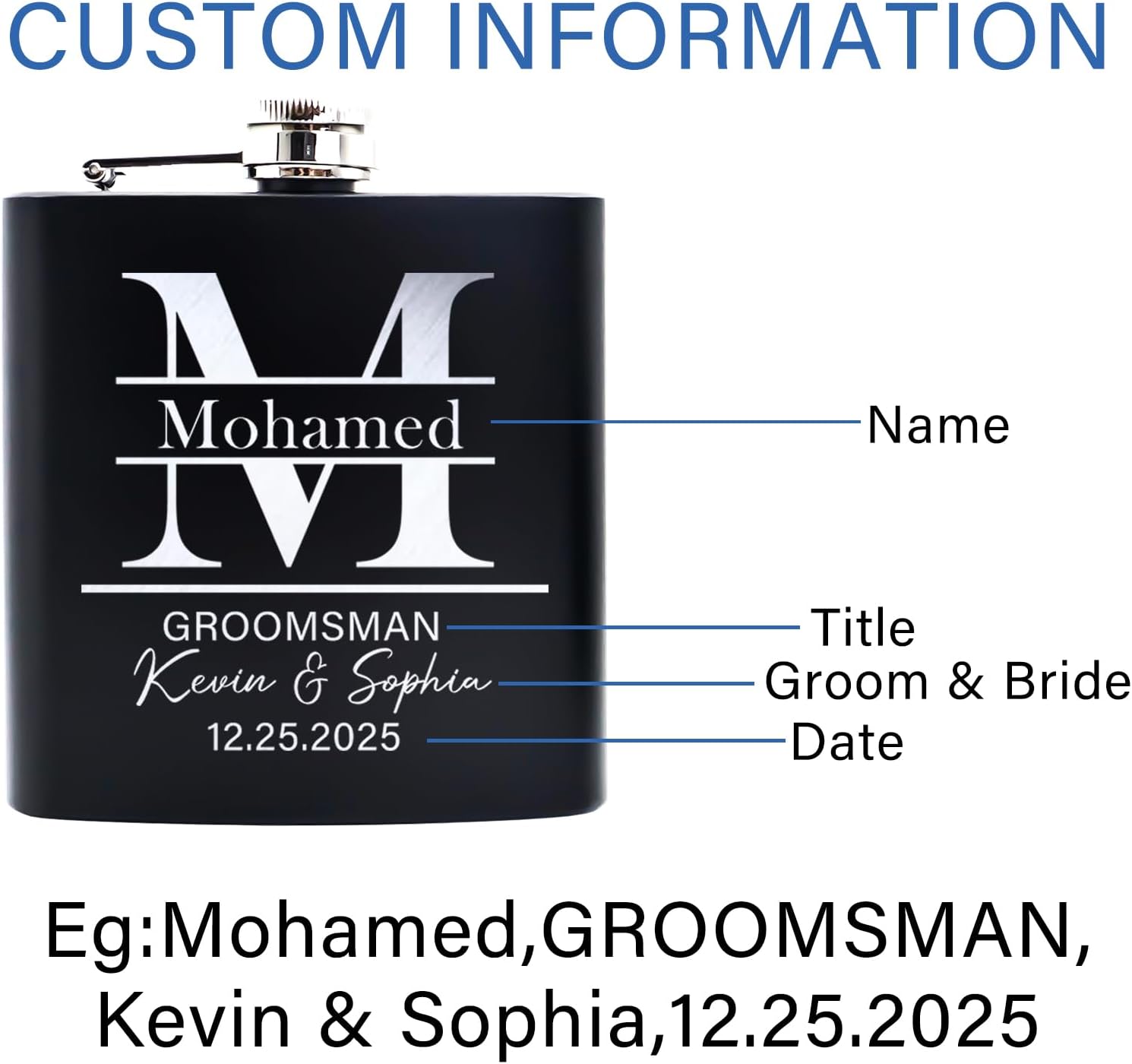 Generic Groomsmen Gifts Set Of 6 Groomsmen Proposal Gift Wedding Favors for Guests Customized Party Favors Custom Stainless Steel Flasks 6 Oz Custom Flask for Men Personalized Flask, Design-1