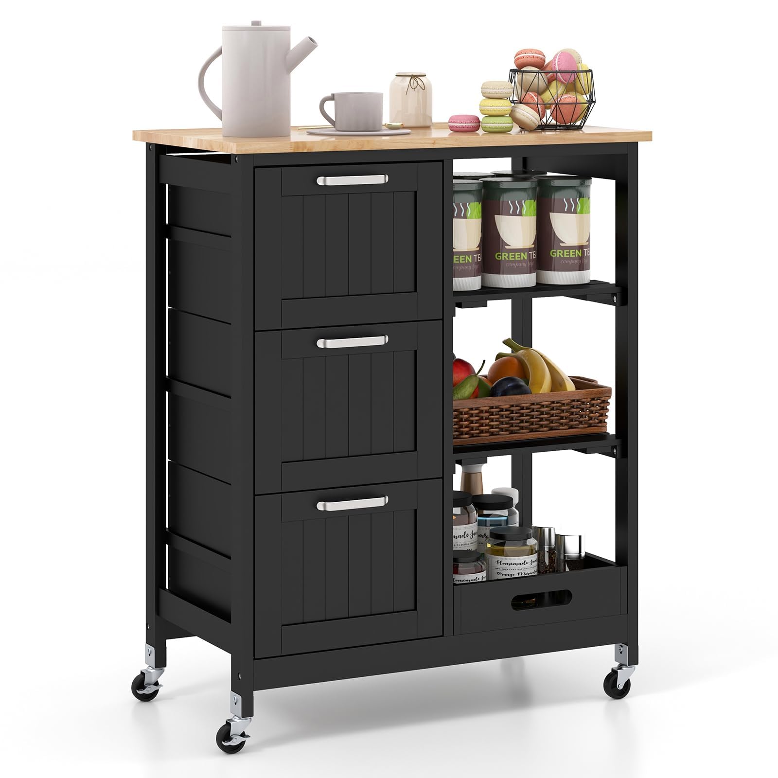 FANTASK Servierwagen mit Rollen, Küchenwagen mit Tablett, Regalen und 3 großen Schubladen, Beistellwagen Rollwagen aus Kautschukholz, 67 x 37 x 83,5 cm (Schwarz)
