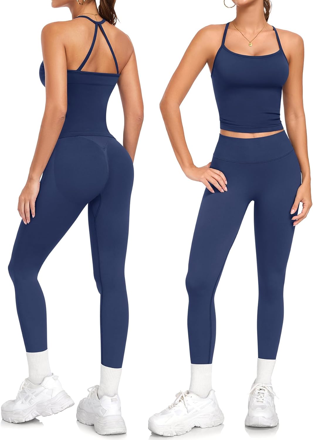 2 Piece Workout Sets for Women Halter Neck Cross Back Tank Top Macthing High Waist Leggings Sets Gym Outfits