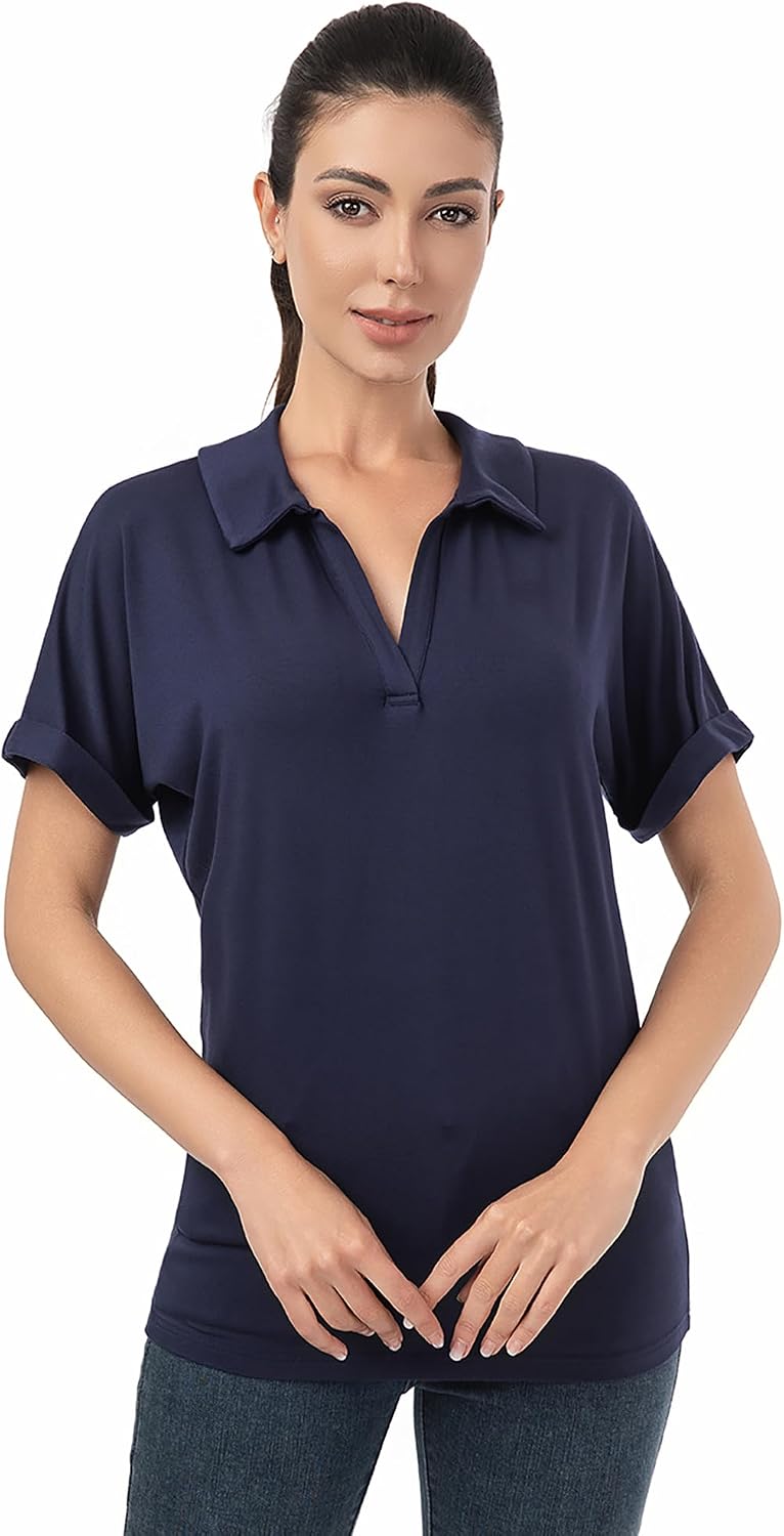 AmélieBoutik Women Polo Shirts Short Sleeve 2025 V Neck Business Dressy Casual Tops Summer Collared Trendy Tees