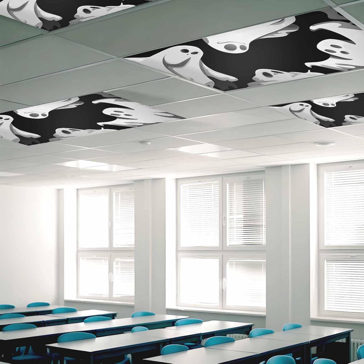 2 Pack Fluorescent Light Cover for Classroom Ceiling - Ghost Halloween Magnetic Filters, Horror Spooky Decor for Office School Home Drop Lamp 4x2 Feet