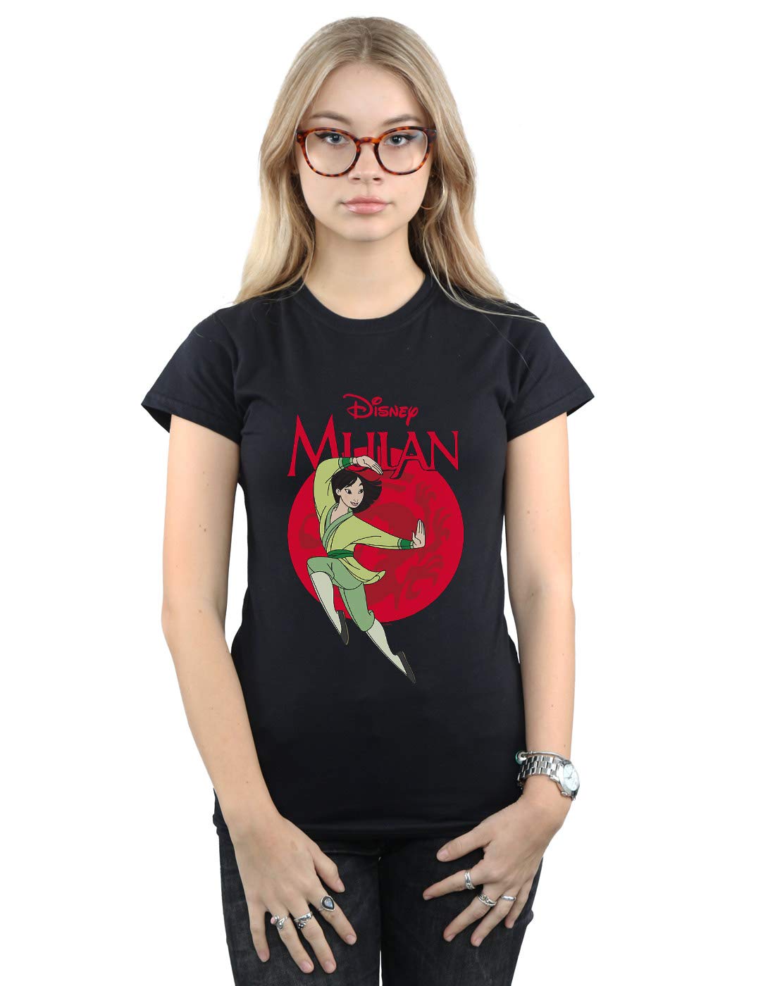 Absolute Cult Women's Black Disney Mulan Dragon Circle T-Shirt Medium
