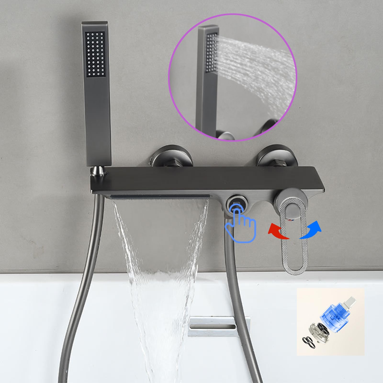 BiaoTeng Miscelatore per Vasca da Bagno a Muro a Cascata Grigio