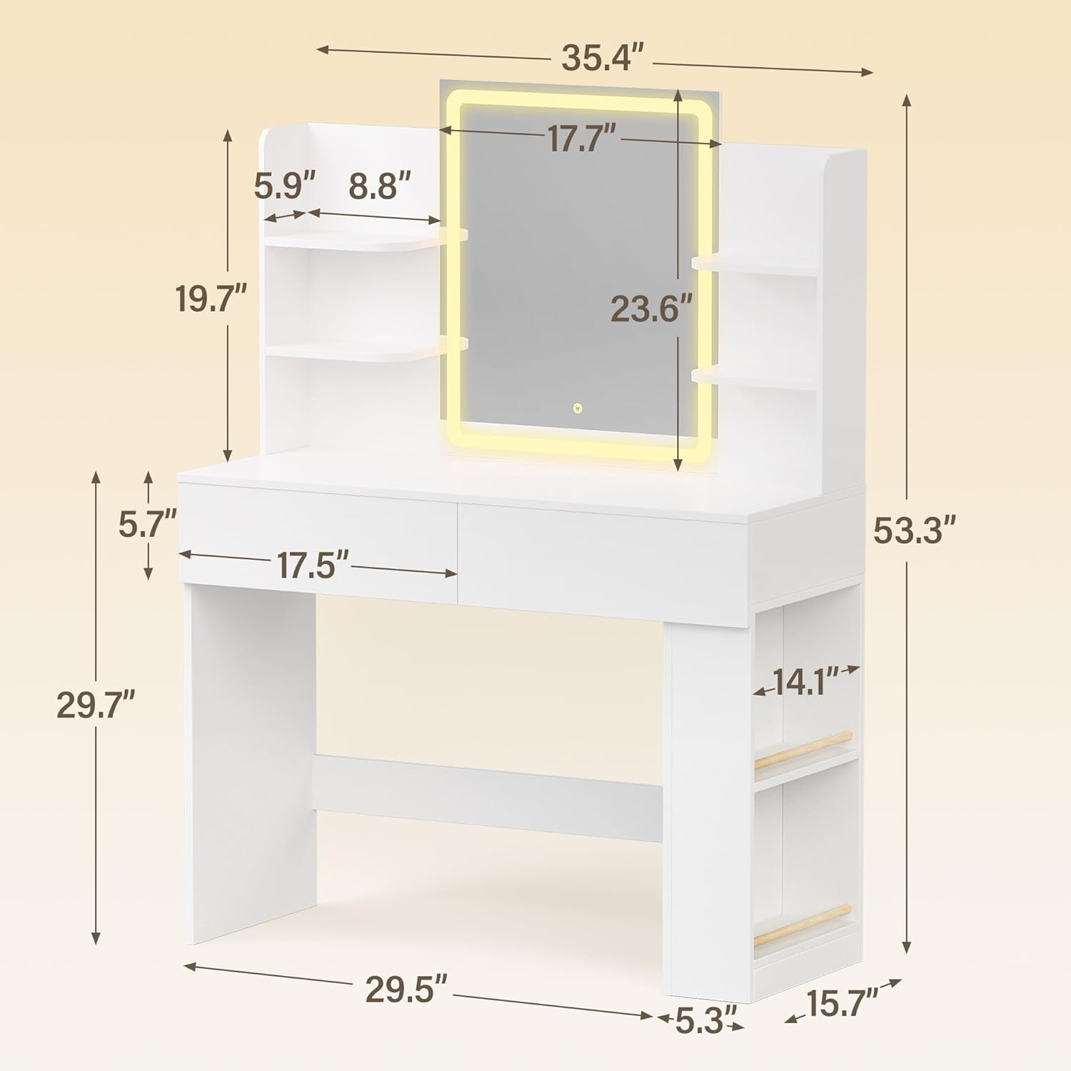 YESHOMY Vanity Desk with detailed dimensions