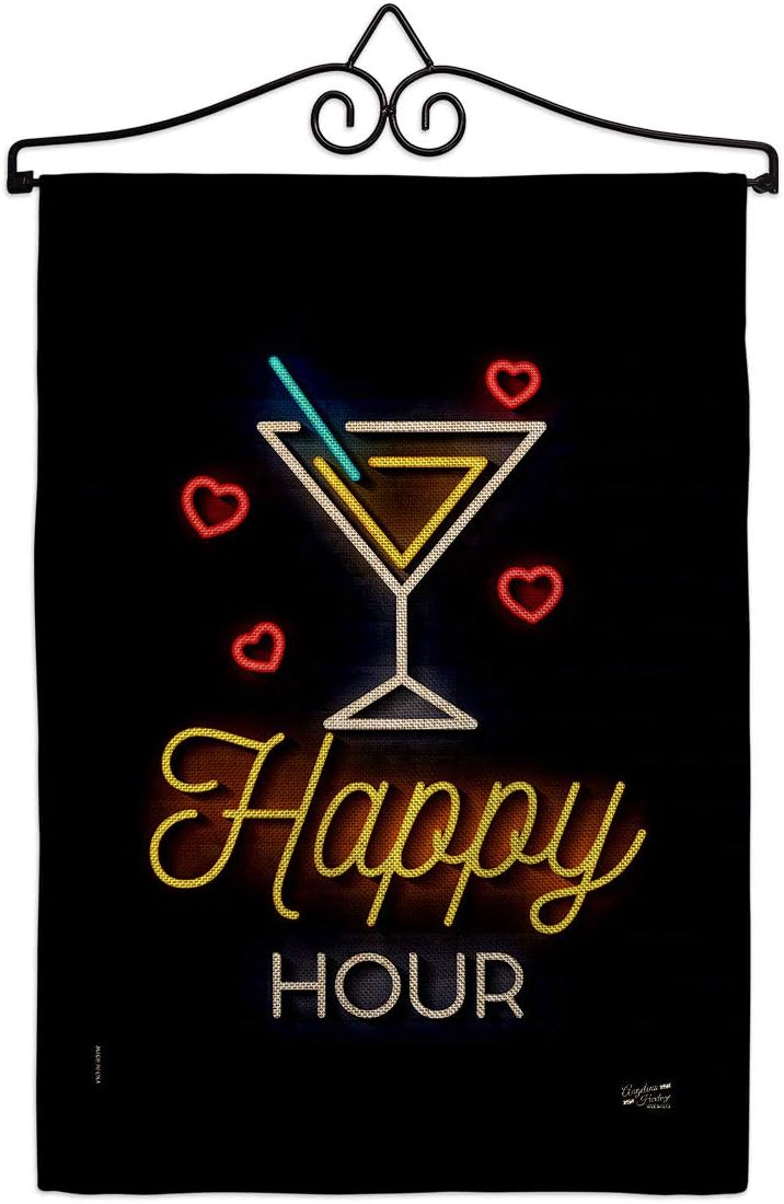 Neon Happy Hour Garden Flag Set Wall Holder Beverages Party Drinks Celebrate Fun Summer Beach Tropical Small Decorative Gift Yard House Banner Double-Sided Made In USA 13 X 18.5