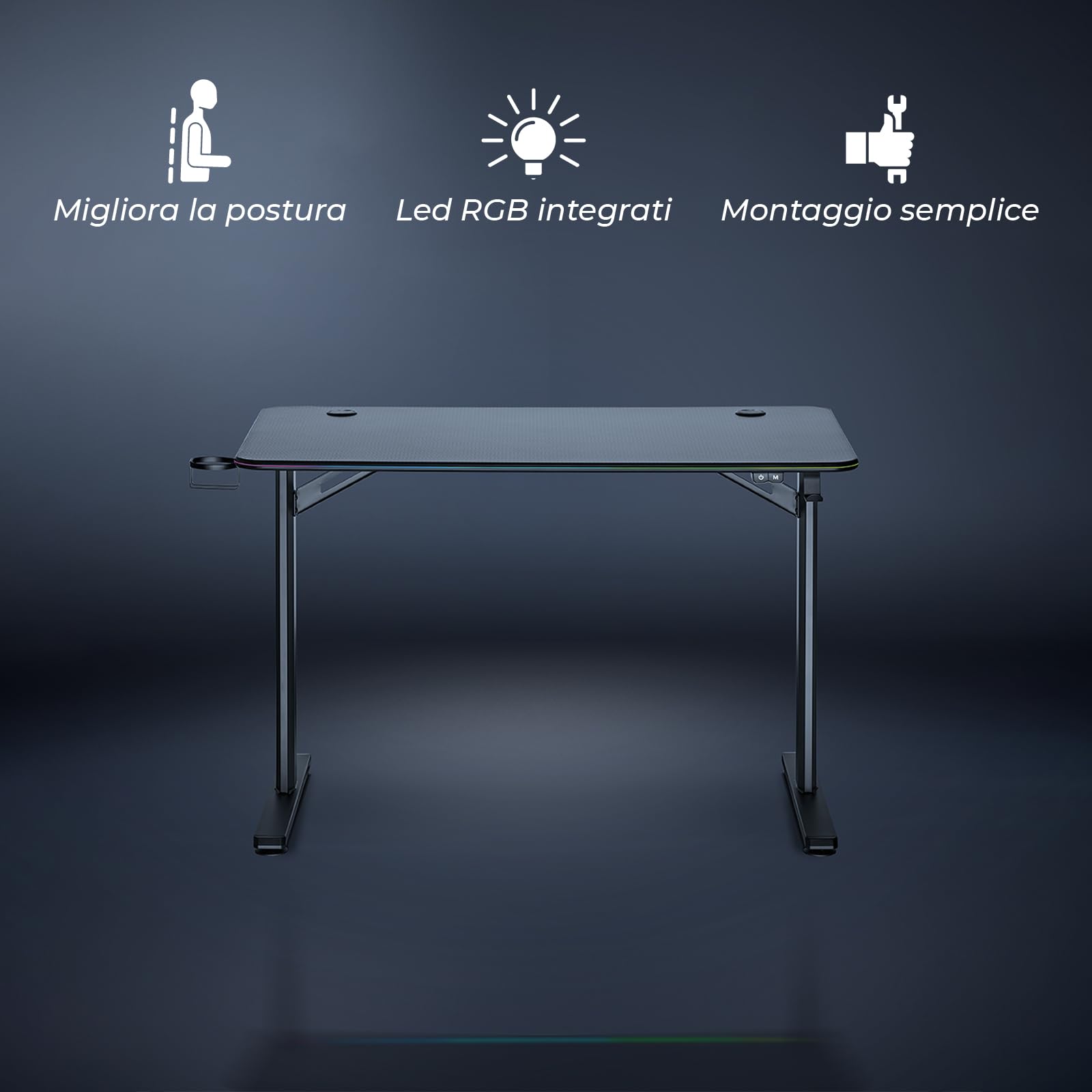 Noua Dot Scrivania Gaming RGB, Tavolo da Gioco Ergonomico, Postazione Gaming per PC Computer Monitor, Fori Passacavi, Portabicchieri e Gancio per Cuffie, 113x60x75 cm