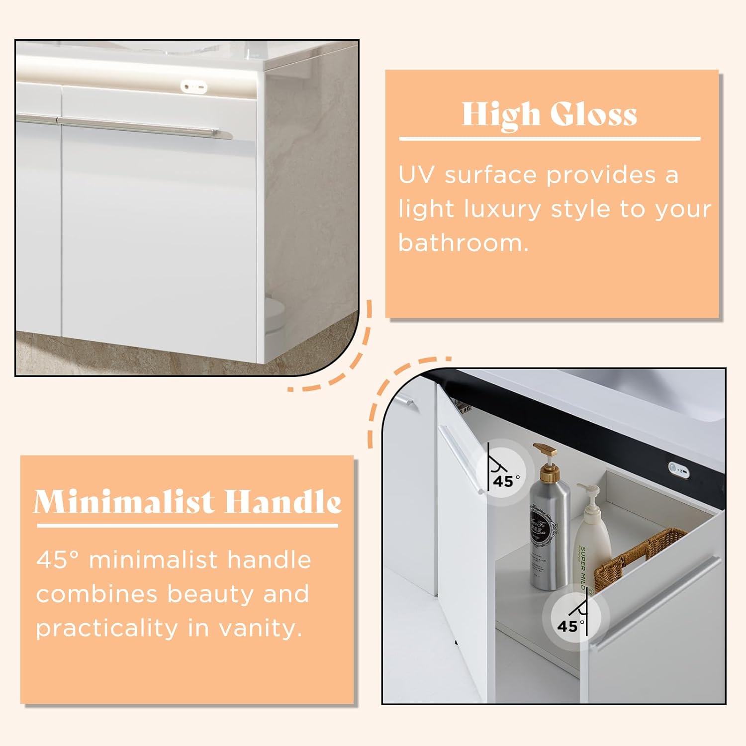 AMERLIFE 60" LED Floating Bathroom Double Vanity with Sink, Modern High Gloss Wall Mounted Bathroom Storage Cabinet with 3 Hole Sink, Metal Handles & Soft Closing Doors, White