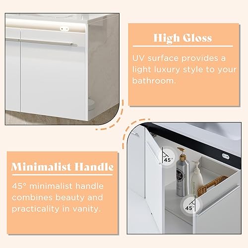 Miniatura 31 de AMERLIFE Tocador de baño flotante LED de 31 pulgadas con fregadero, fregadero individual de alto brillo montado en la pared, gabinete de Blanco