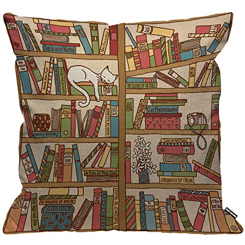 HGOD Designs Kissenbezug Nerd Buchliebhaber Katze schläft über Bücherregal in Bibliothek Boho, Wurfkissenbezug Heimdekoration für Männer/Frauen Wohnzimmer Sofa 45,7 x 45,7 cm Kissenbezug 45 x 45 cm Cover