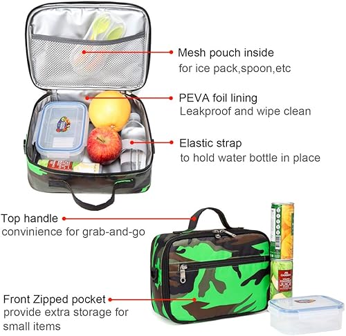 Miniatura 4 de BLUEFAIRY Lonchera térmica para niños, lonchera para niños, para escuela primaria, jardín de infantes (verde camuflado)