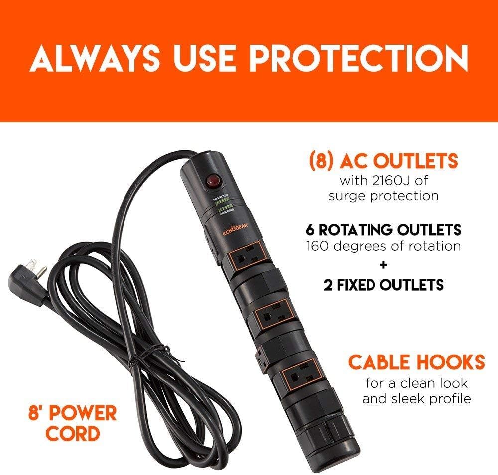 ECHOGEAR Rotating Outlet Surge Protector with 8 Outlets, Flat Plug, Long Cord, & Mounting Holes - Power Strip with Heavy Duty Surge Supression Plus Built-in Cable Management - Black : Electronics