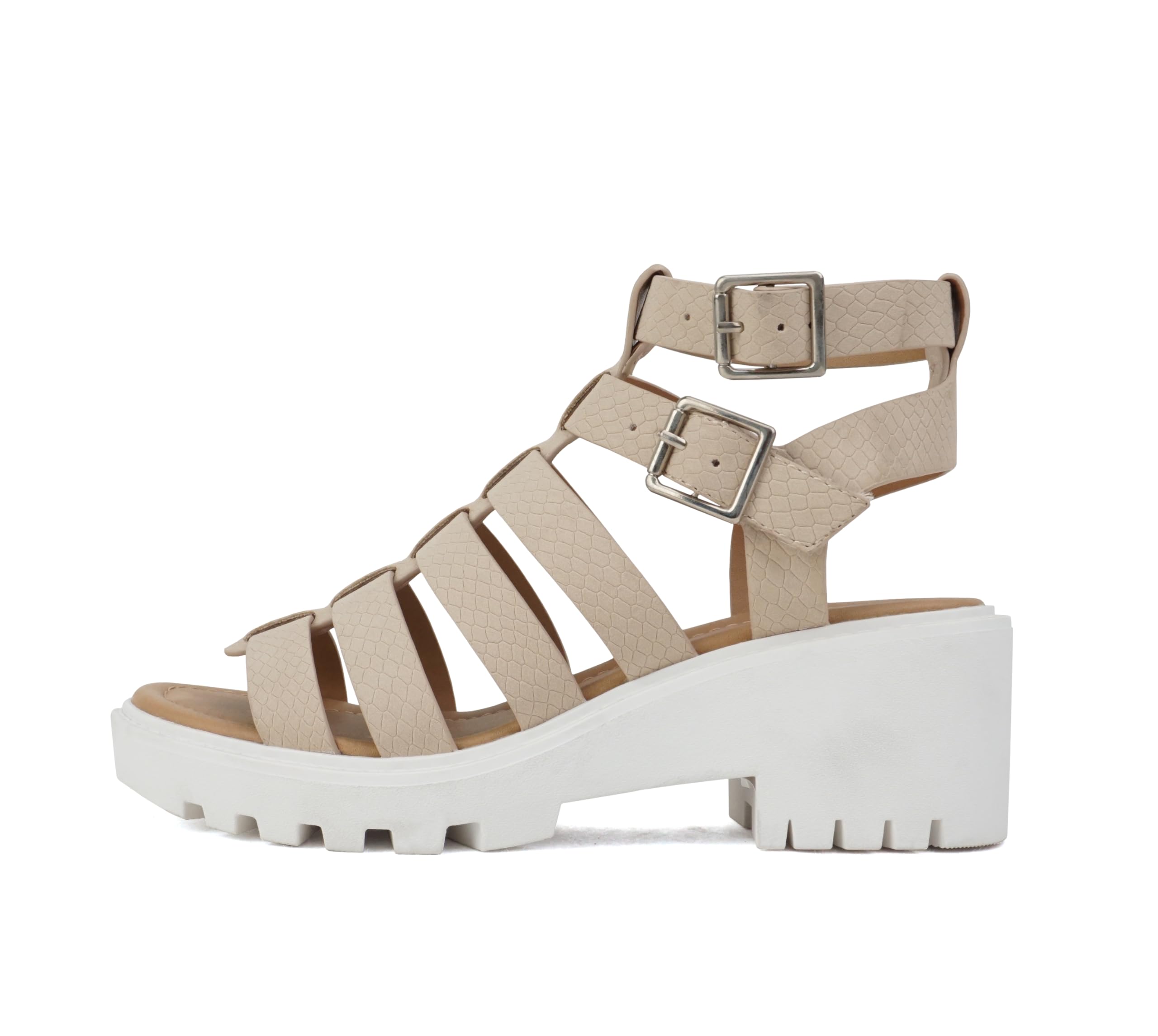 Soda“Rebirth” ~ Women Open Toe Fisherman Multi Strap Buckle Lug Sole Low Block Heeled Sandals