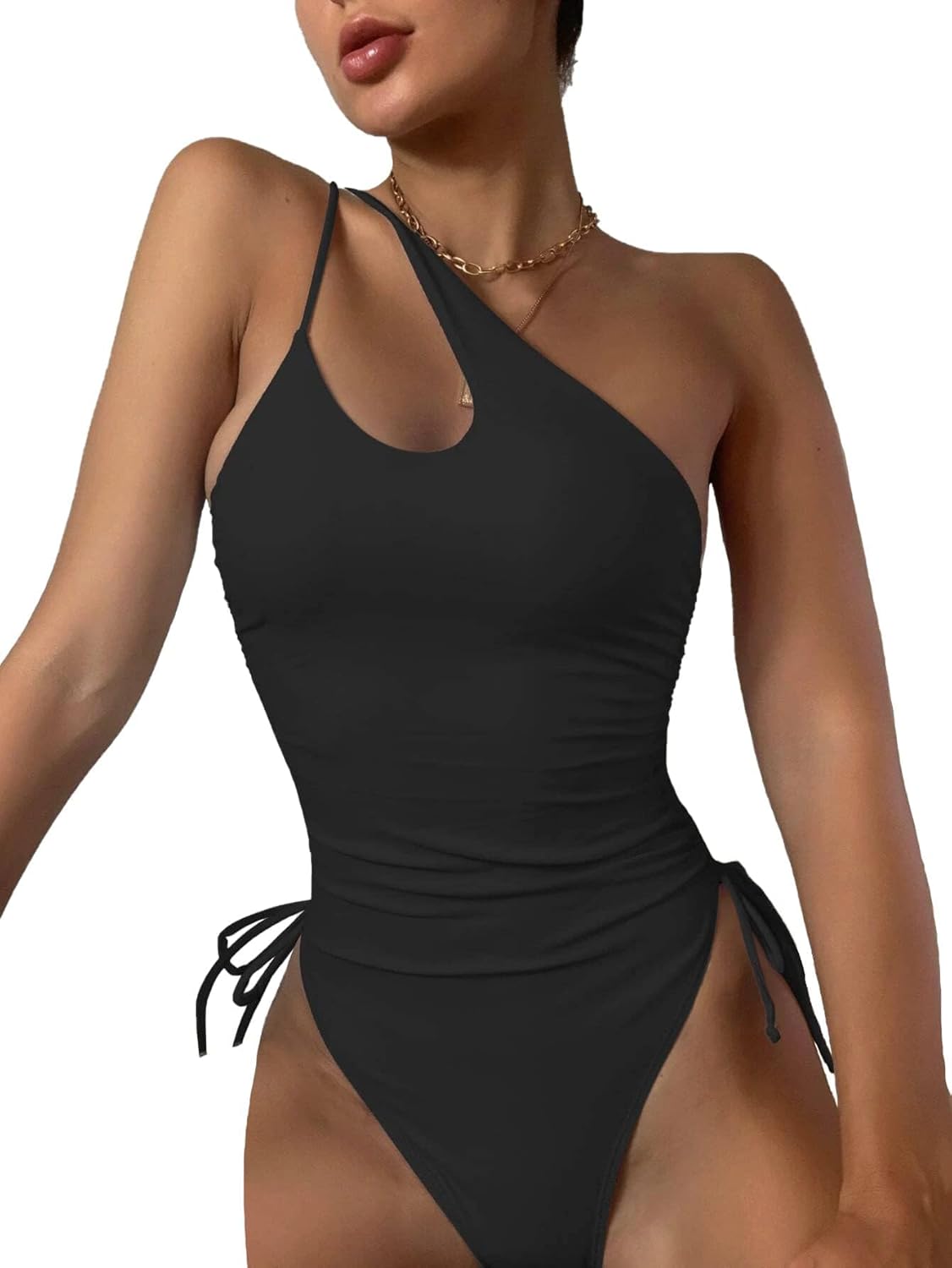 Eomenie Women's One Piece One Shoulder Swimsuit with Drawstring Tummy Control Bathing Suit Sexy High Cut Swim Suits