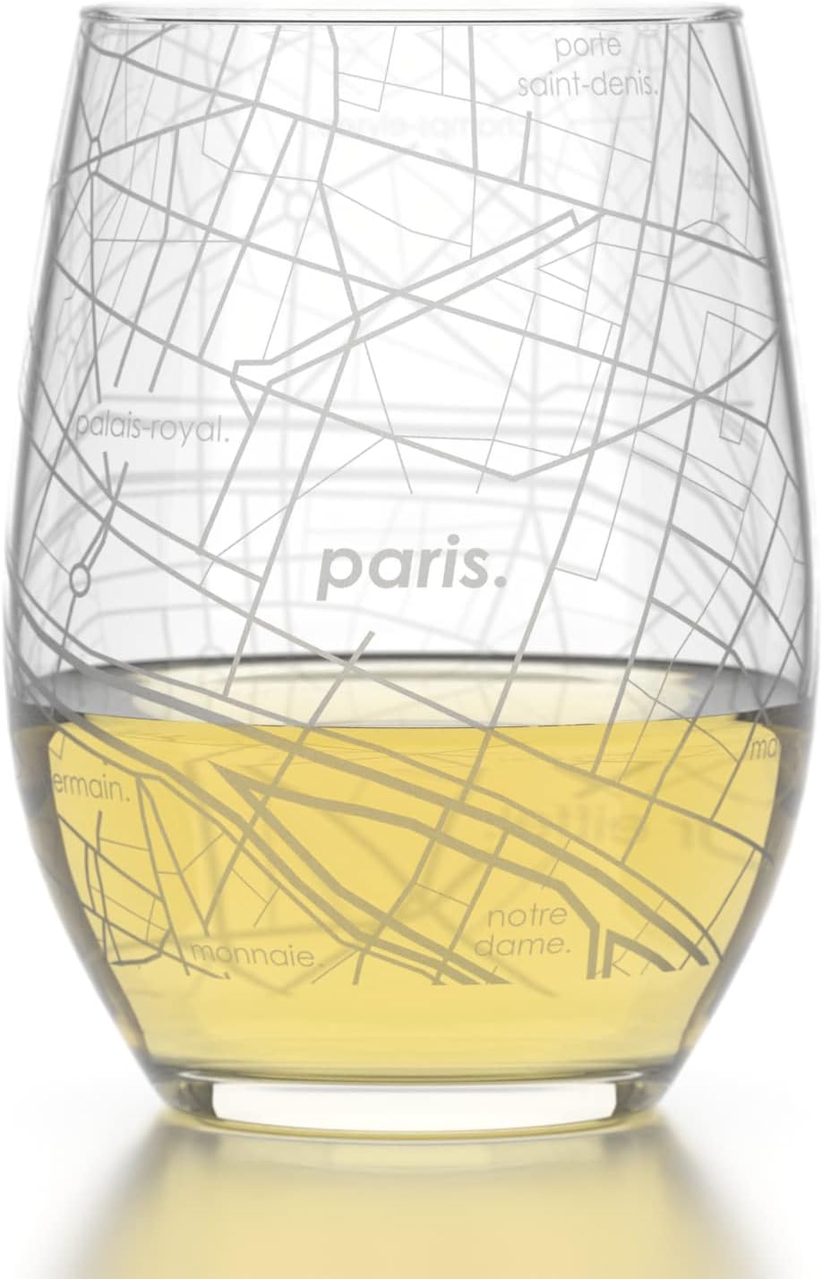 Well Told Engraved Paris France Map Stemless Wine Glass - Etched City Map Wine Glass Gift for Wine Lovers (15 oz, Clear)