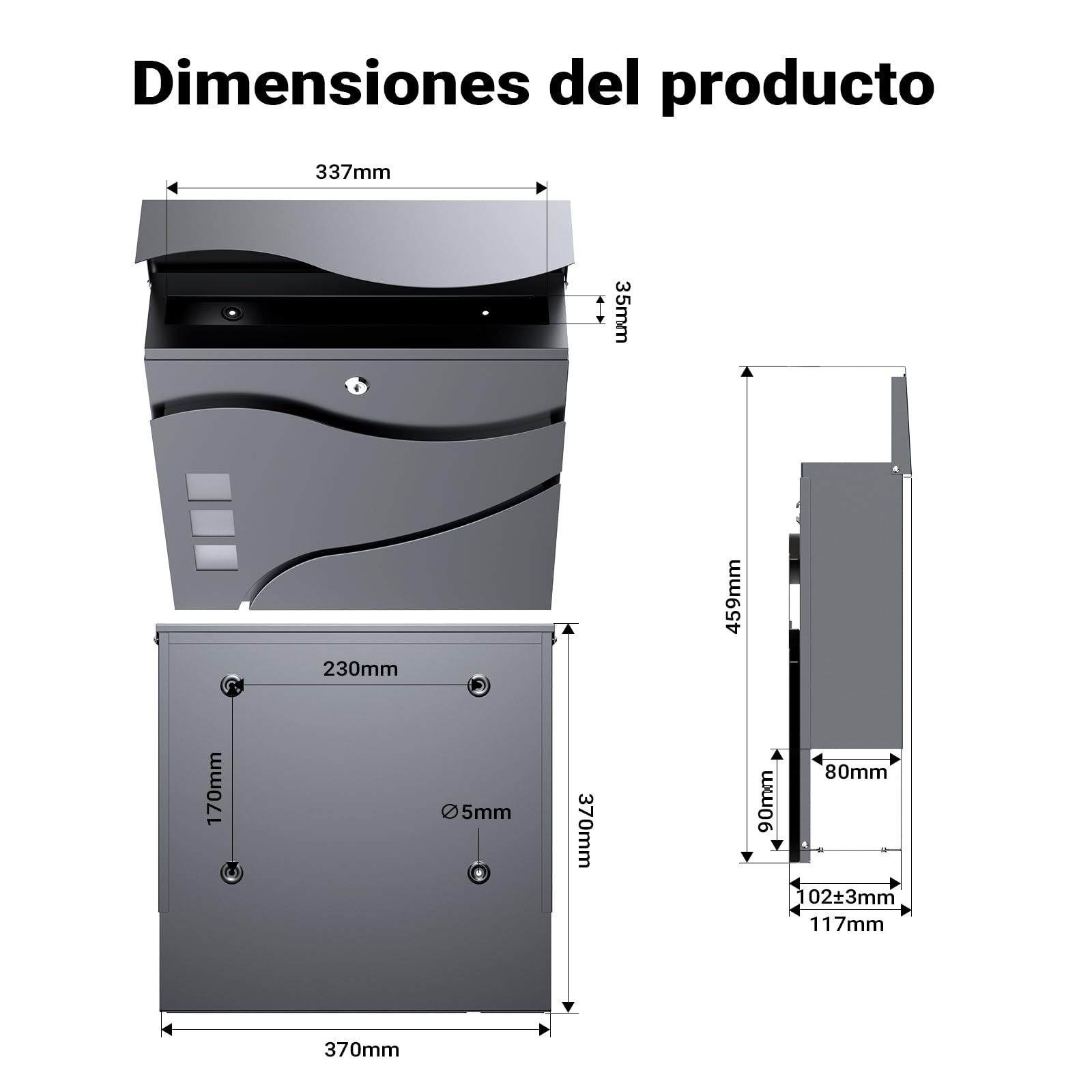 Wiltec Buzón de diseño V28 Antracita 370 x 105 x 370 mm, de Pared con Cerradura y Hueco para el periódico, de Acero con Recubrimiento en Polvo