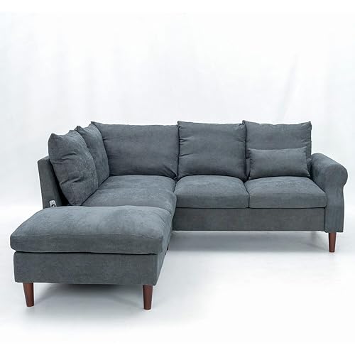 Panana 5 Seater Corner Sofa with Built in USB Charging Port Chaise, Gray Linen Sectional Couch with Right Hand Side Rolled Armrest