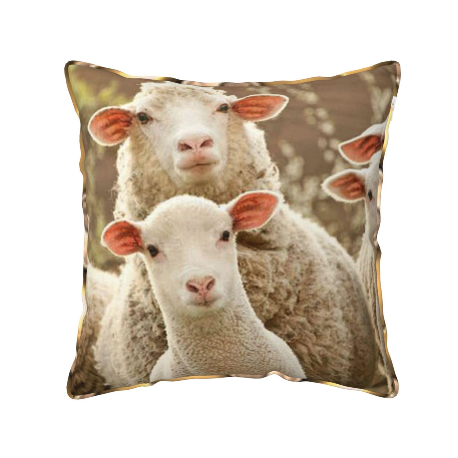 AUBKFELD Sheep and Lambs Printed Velvet Cushion Cover 45x45 CM with Gold Edging Strip, Square Pillowcase Soft Throw Pillow Covers Case Decorative for Living Room Sofa Couch Bed Bench