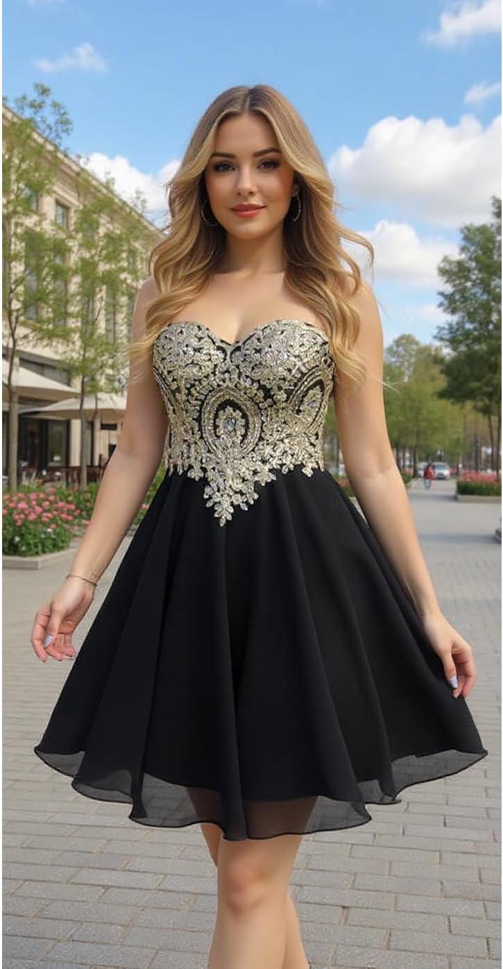 Babyonline Junior's Gold Lace Applique Short Quinceanera Homecoming Dresses