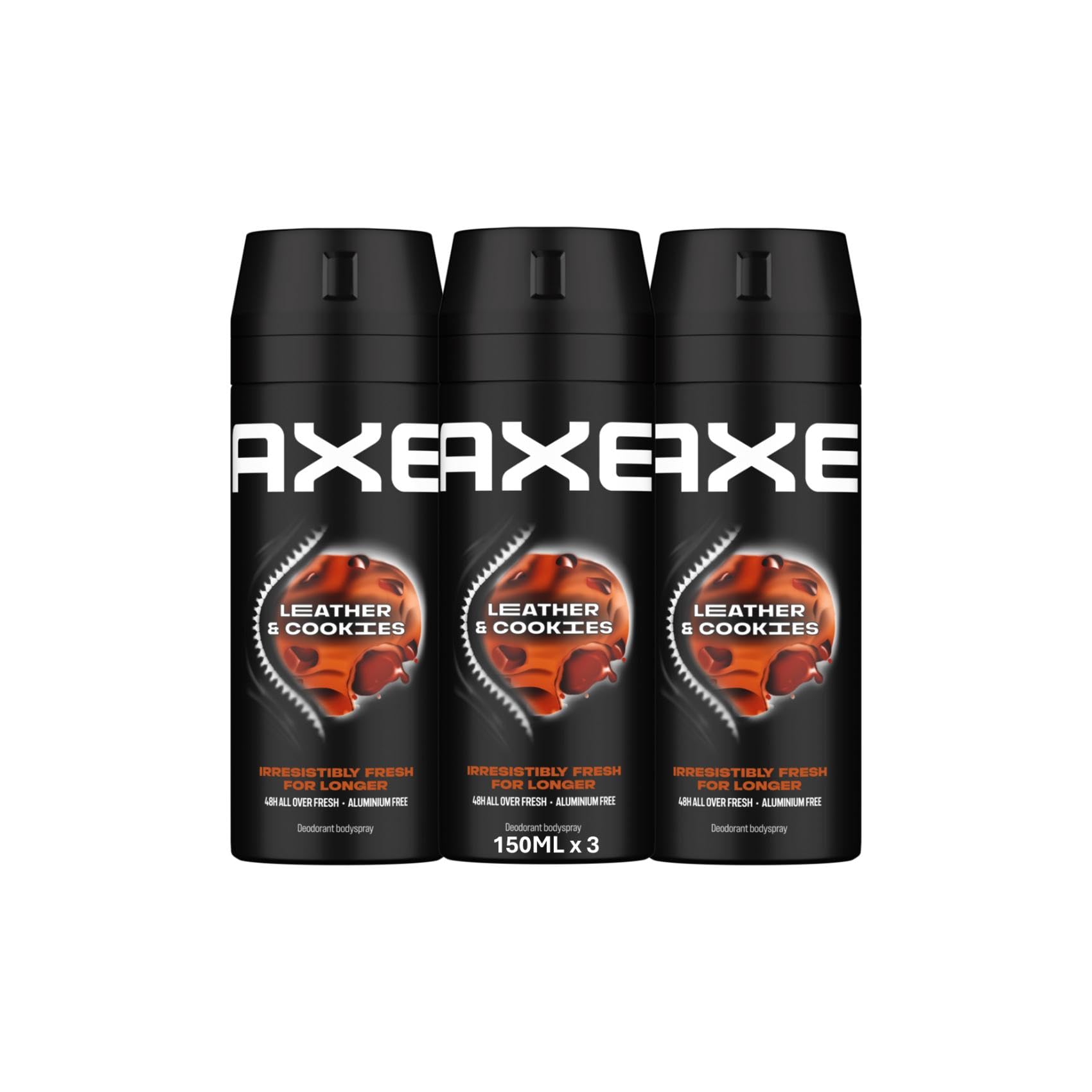 AXEbody spray deodorant for long lasting odour protection, leather & cookies, for 48 hours irresistible fragrance, 150.0 milligrams, 3.0 count, 3