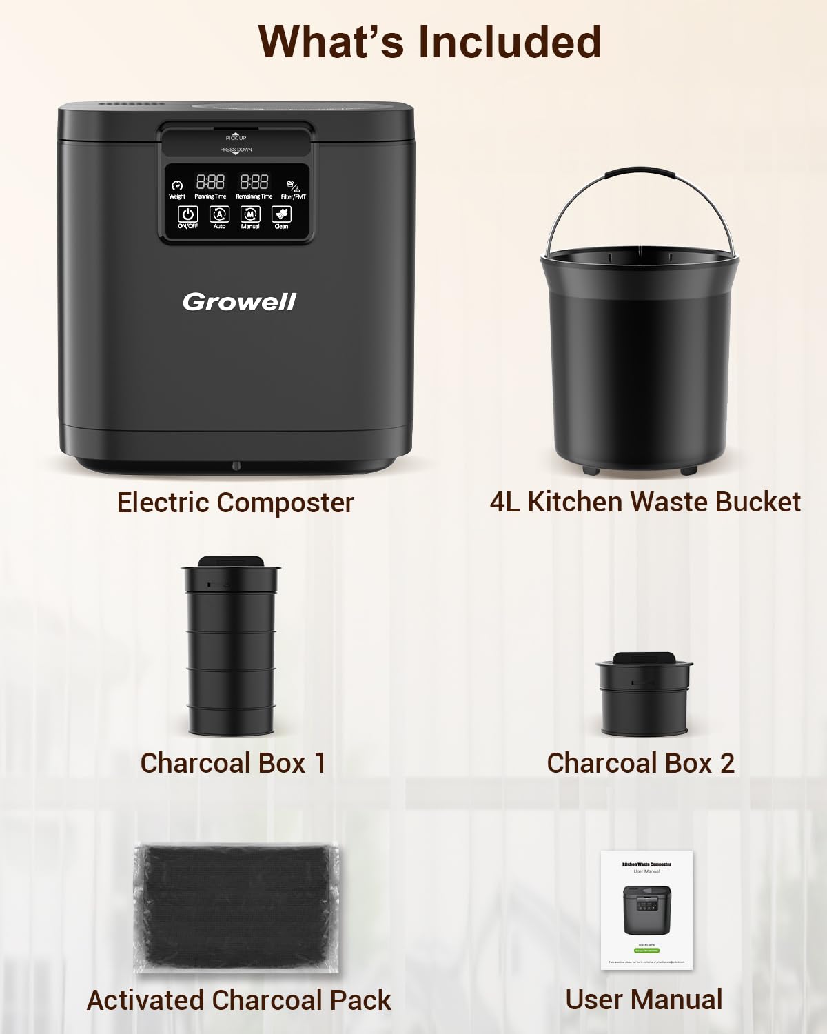 Growell Elektrischer Komposter für die Küche, 4 l, geruchloser Komposteimer für den Innenbereich, mit 2 Kohlefiltern, Auto-Reinigung, großes LED-Display, sichtbares Fenster, intelligente Arbeitsplatte