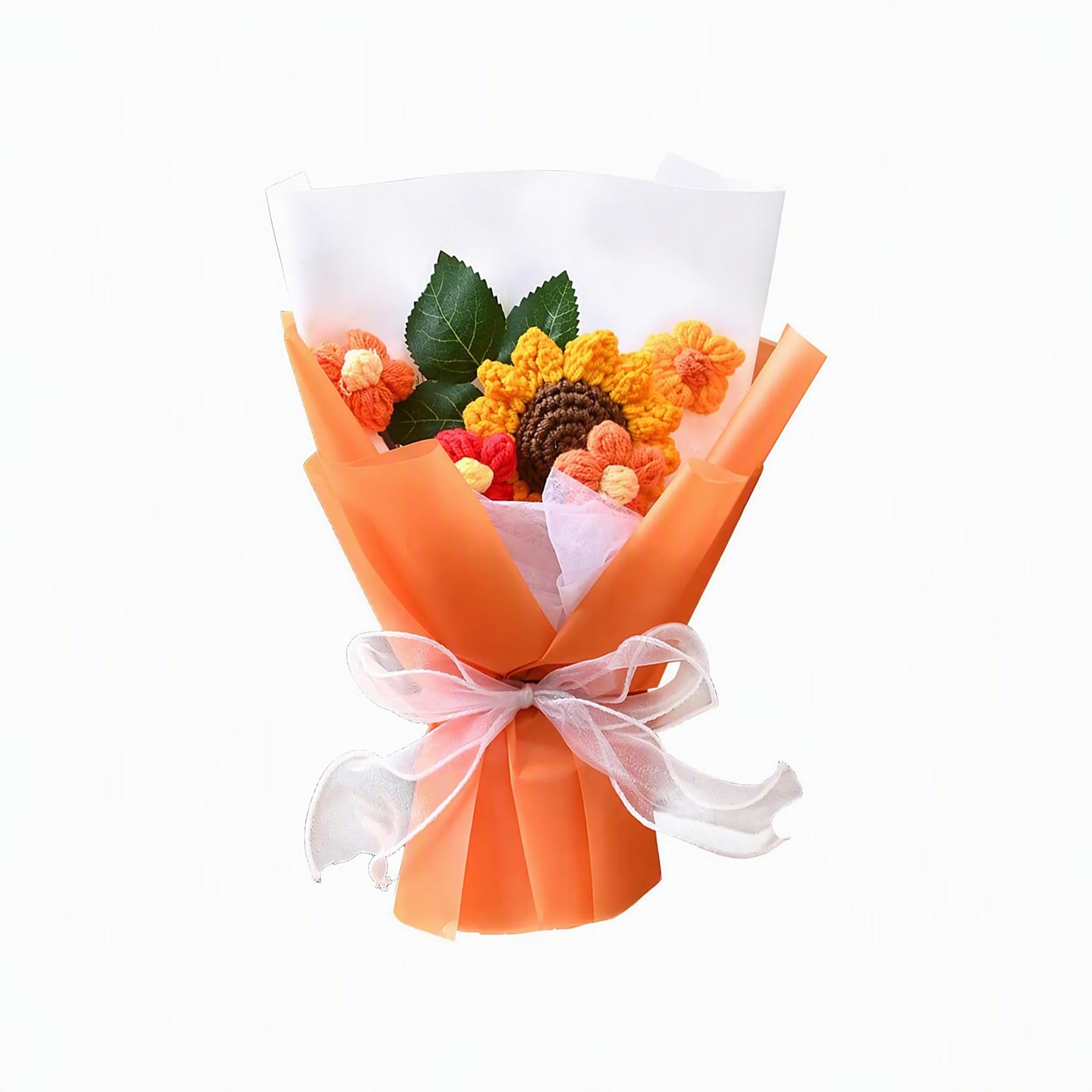 Yongyann Orange Handmade Crochet Flower Bouquet, Knitted Sunflower Arrangement