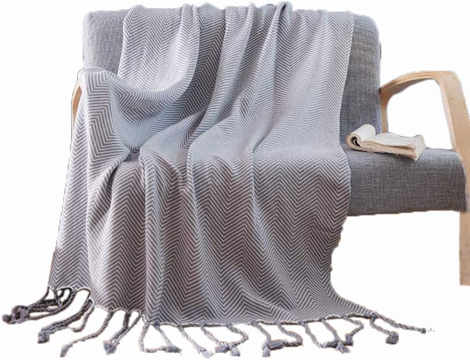 LakeMono 100% Cotton Throw Blanket Super Soft Herringbone Pattern Europe American Style Couch Cover Knitted Blanket with Tassels (Grey,50’’x76’’)