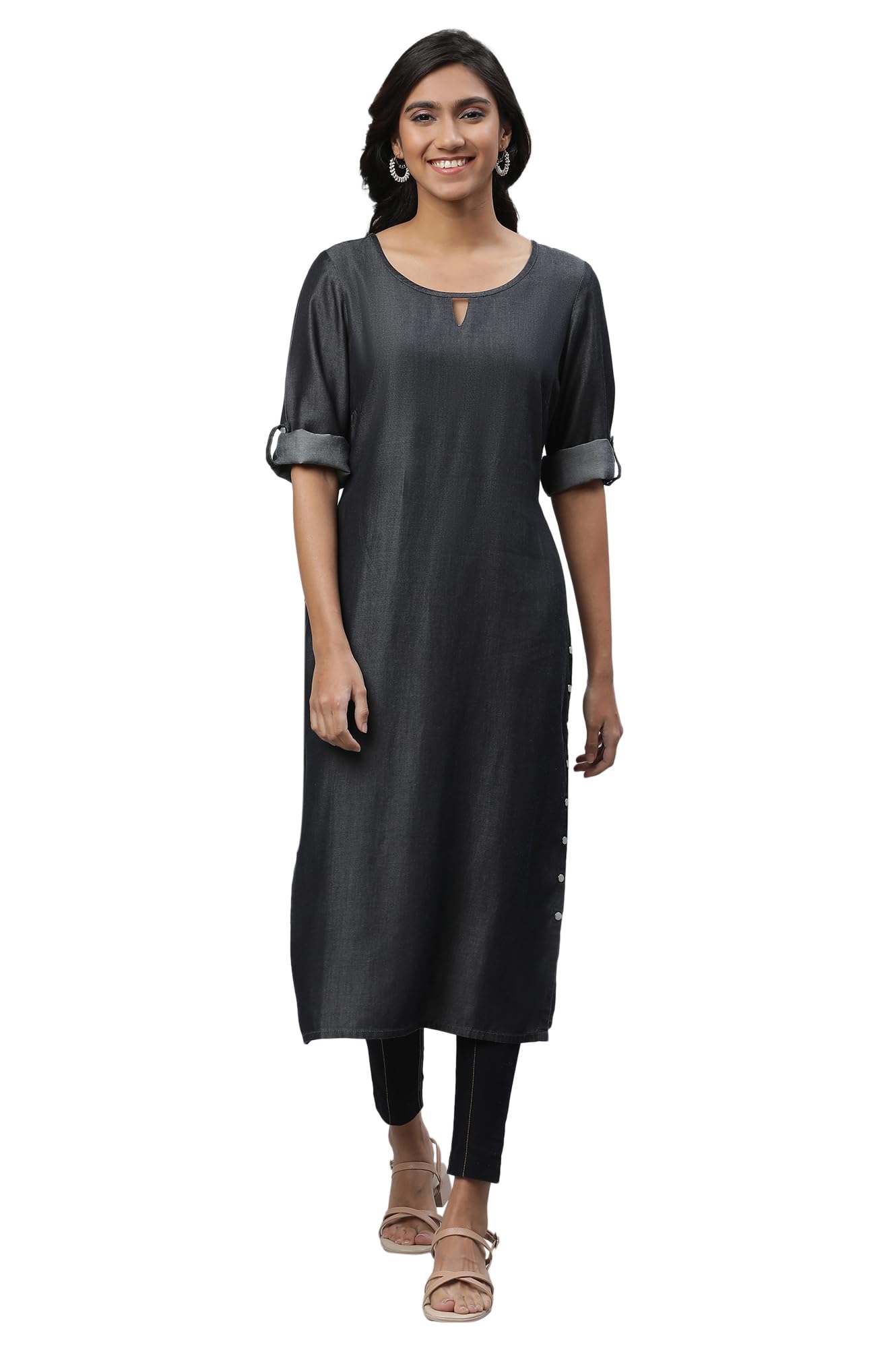 Aurelia Women's Denim Straight Fit Solid Yarn Dyed Tencil Straight Kurta in blue