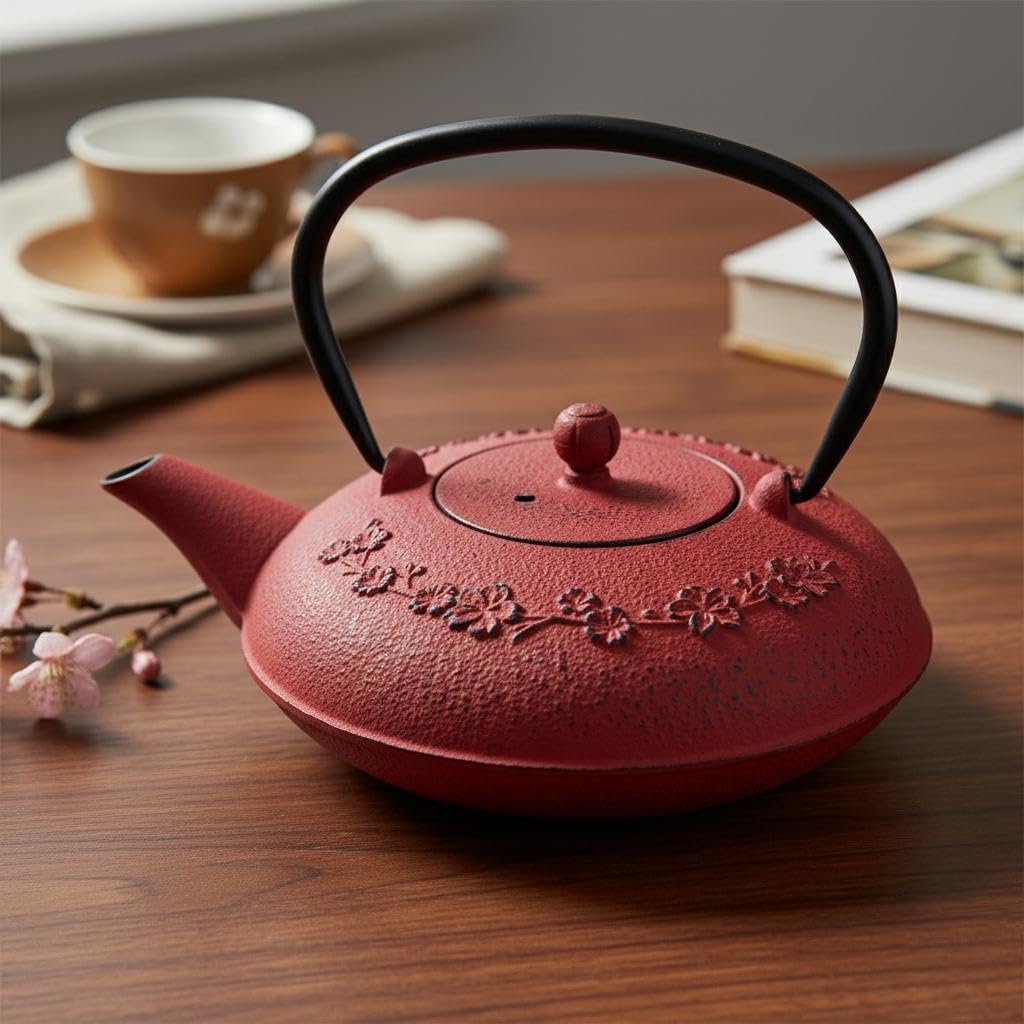 Tetera 0,8L de Hierro Colado – Diseño Floral Rojo