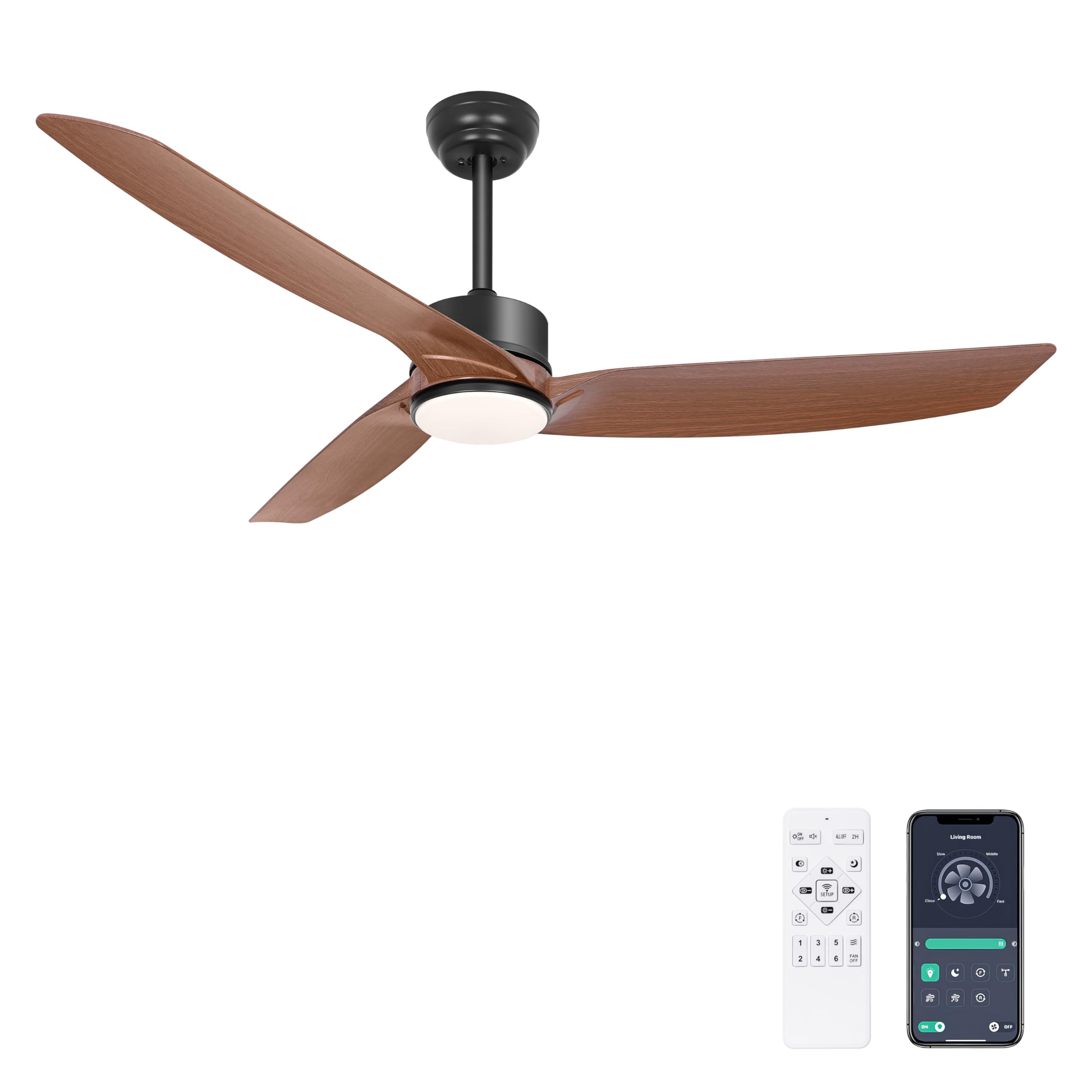 Ohniyou 56 Inch Ceiling Fan with Lights, Modern 3 Blades Ceiling Fan with Remote/APP Control Dimmable 3 CCT, Walnut Indoor Outdoor Ceiling Fan for Covered Patios Farmhouse Living Room