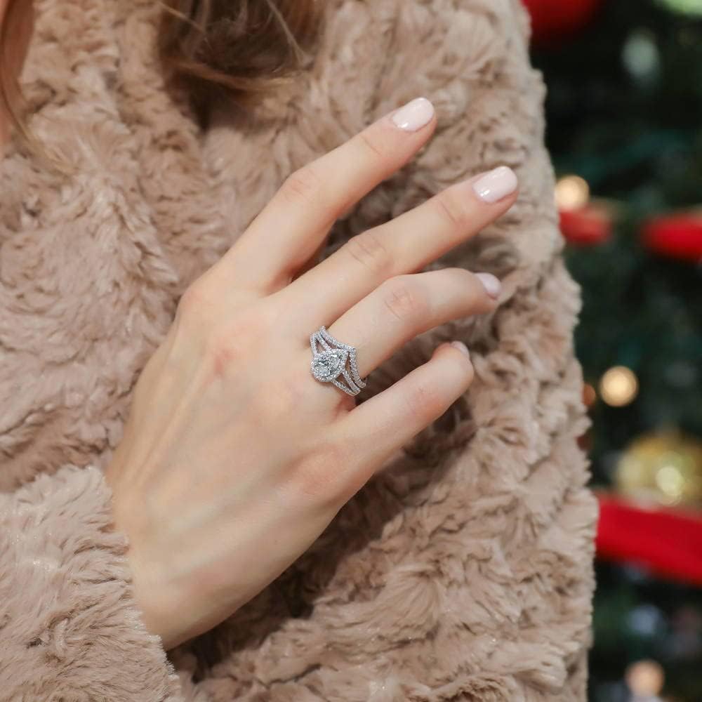 BERRICLE Sterling Silver Halo Engagement Promise Rings, Wishbone Stackable Eternity Band Ring for Women, Pear Cut Cubic Zirconia CZ, 1-3 Piece Set