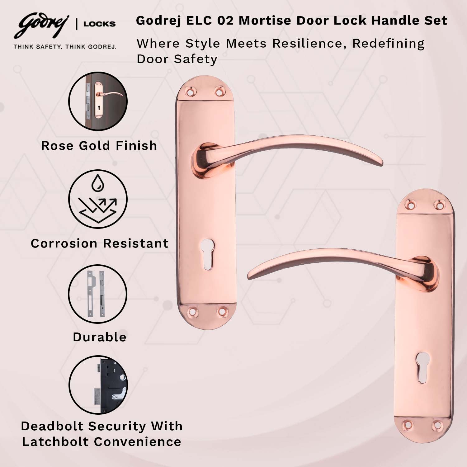 Godrej Mortise Door Lock Handle Set | ELC 02 | 6-Lever Security | Reversible Latch | Corrosion Resistant | for Wooden Doors (Rose Gold Finish) | 1 Year Warranty — Amazon image 3