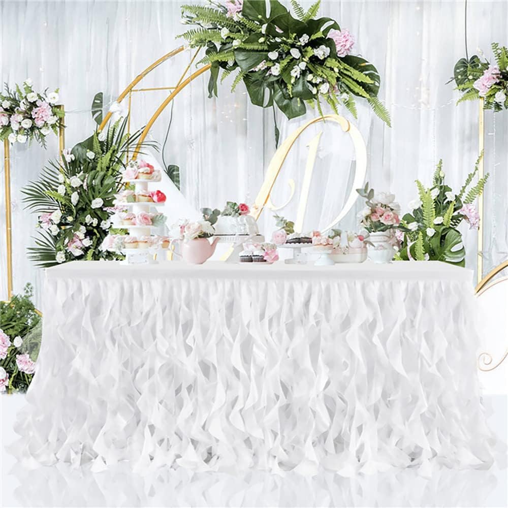 2Set Tulle Curly Willow Table Skirt for Baby Shower Birthday Party,6FT/9FT Tutu Table Skirt with Double Layer Organza for Rectangle Table for Wedding Bridal Party Decoration