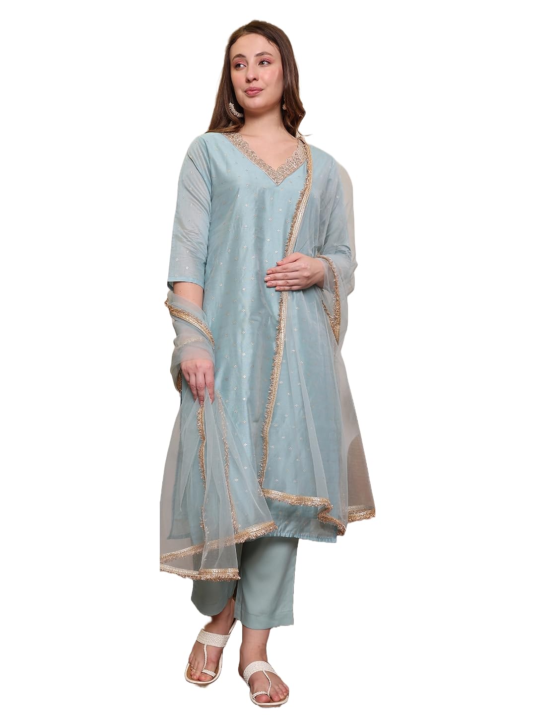 fabian fashion Women's Solid Embroidred Chanderi Kurta, Pant and Dupatta Set.(ES_7539)-picture-31