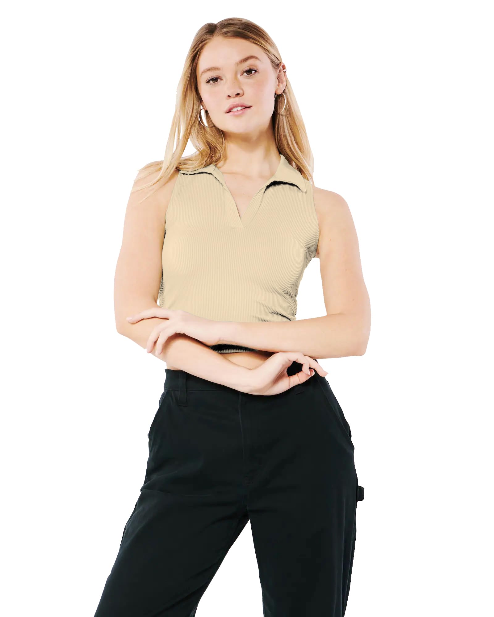 Sugathari Donne & Ragazze Solido Costine Scollo a V Senza Maniche Crop Top per Donna (Top 49)