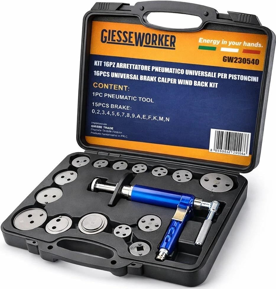 Arretratore Pistoncini Freno Pneumatico 16pz Kit Rientro Pinze Auto Universale | Pistoncini Freno, Uso Universale, Per Auto, 16 Componenti Inclusi, Arretratore Pinze