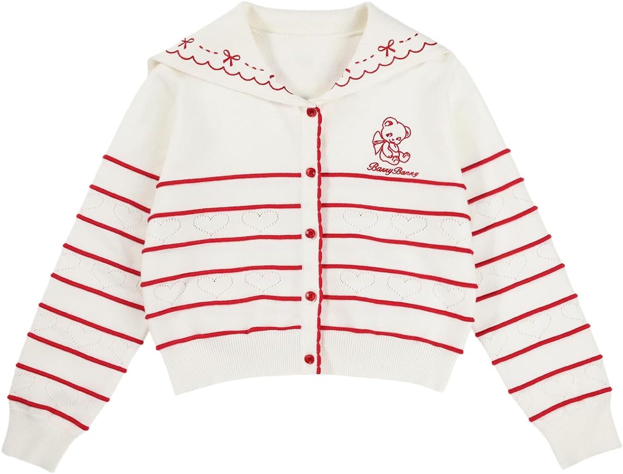 Girls White Cardigan Sweater Stripes,Sailor Collar Long Sleeve Knit Button Down Front,Kid Fall Tops for 6-16Y - Image 7