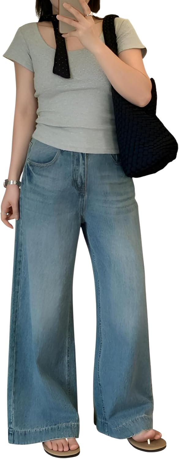 [koulaya] ストレートデニム 小柄5cm専用 高腰ジーンズ 春秋兼用 ウエストアップ効果 ブルー ゆったり直線デザイン 女性