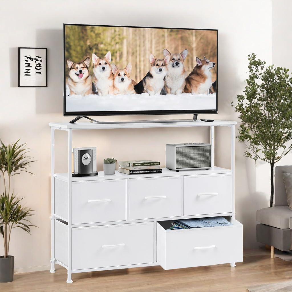 TV Stand for 45 in Television, Modern Entertainment Center with Fabric Storage, Tower Storage Cabinet Dresser & Chest of 5 Drawers Organizer for Bedroom Living Room Black/TV5BC White/Tv5bc
