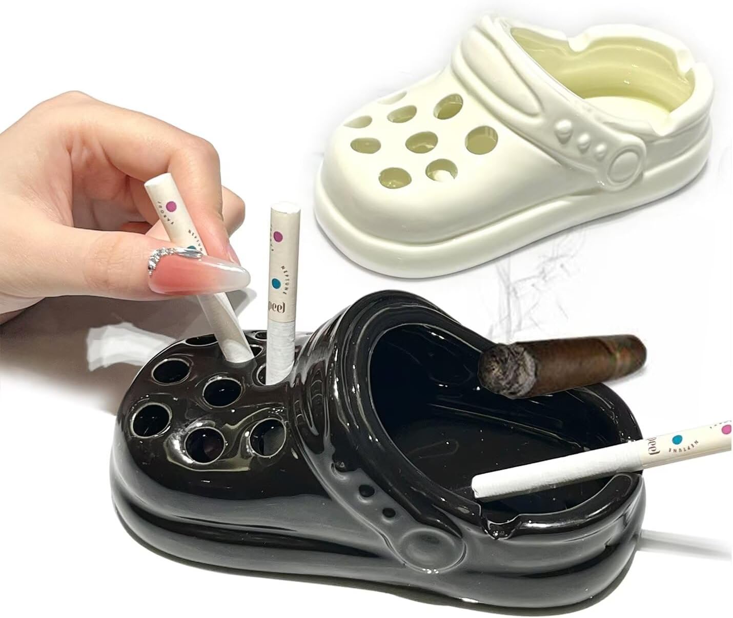 Creative Clogs Ceramic Cigarette Ashtray, Cute Tabletop Portable Smokeless Ashtrays Smoking AshTray for Home Indoor Outside Patio Office Cool Cigar Ashtray Handmade Gift for Men Women (Black)
