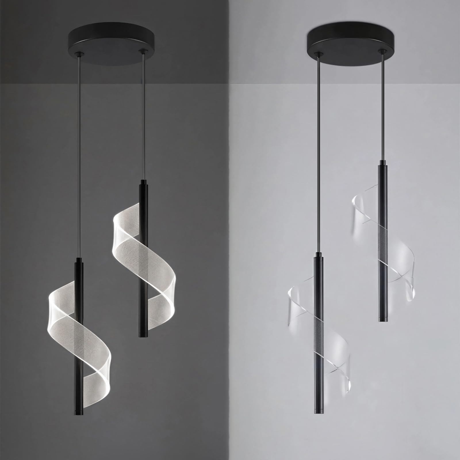 Nowoczesna złota lampa wisząca LED z 2 głowicami, akrylowa wstążka designerska, minimalistyczny żyrandol do kuchni, sypialni, jadalni, 10 W, regulowana wysokość 138 cm