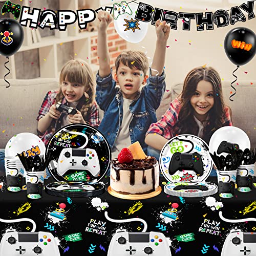 Fruitful Party Video Game Party Decorations For Boys,140Pcs Gamer Birthday Decorations&Video Game Party Tableware Set-Watercolor Video Game Party Plates Napkins Tablecloth Balloons Banner Etc Gaming Party Supplies thumb #4
