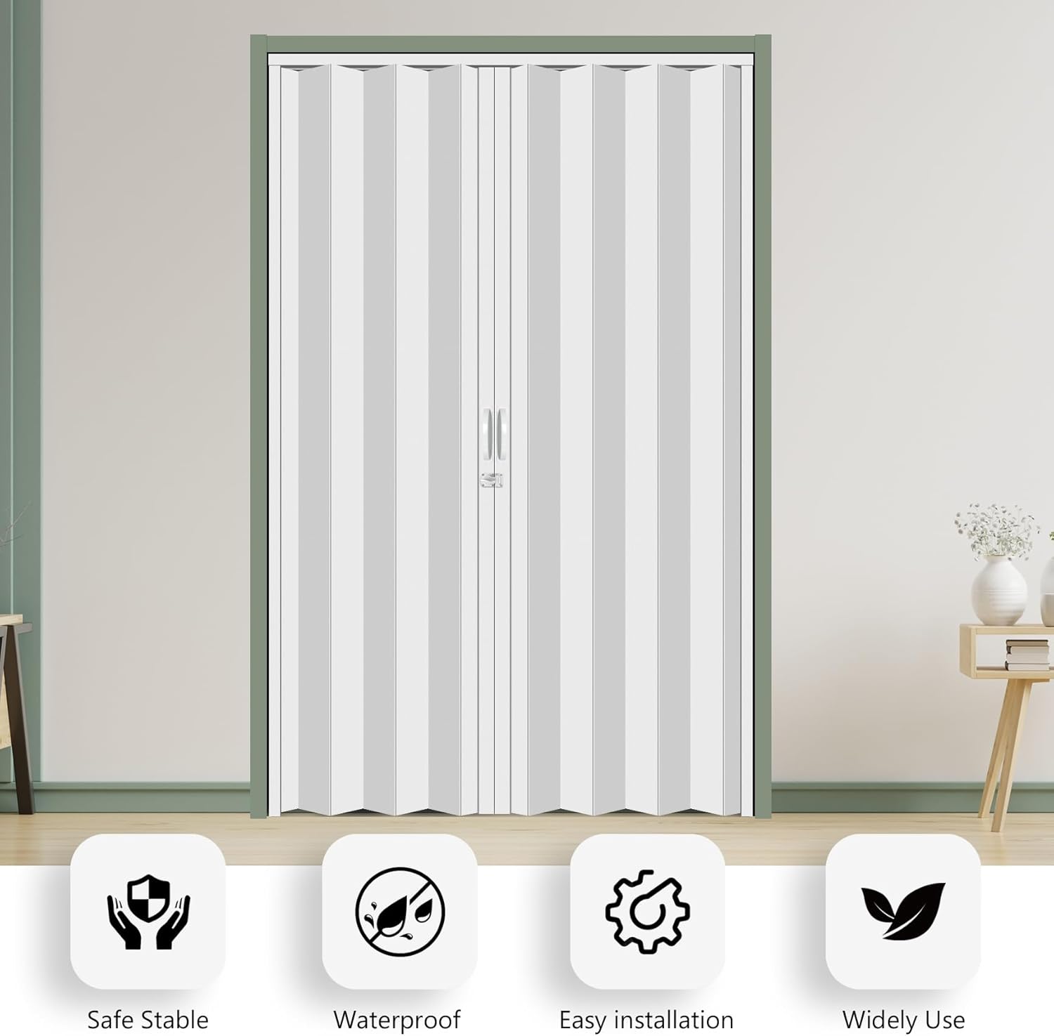 60×80in PVC Double Accordion Door Interior, Multifold Sliding Door for Closet, White in Color,with Installation Hardware; Handle;Latch.