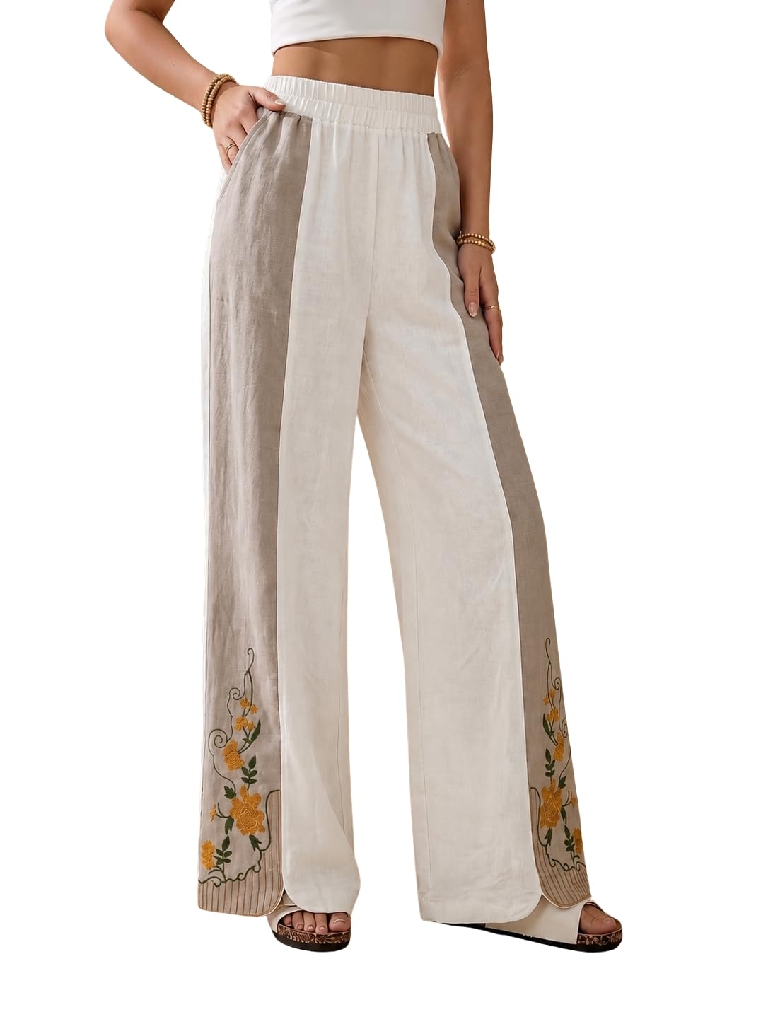 toplot Floral Designer Embroidery Casual Trousers for Woman | High Waist with Wide Leg & Side Pocket | Comfortable for Everyday Bottom (5275)-picture-16