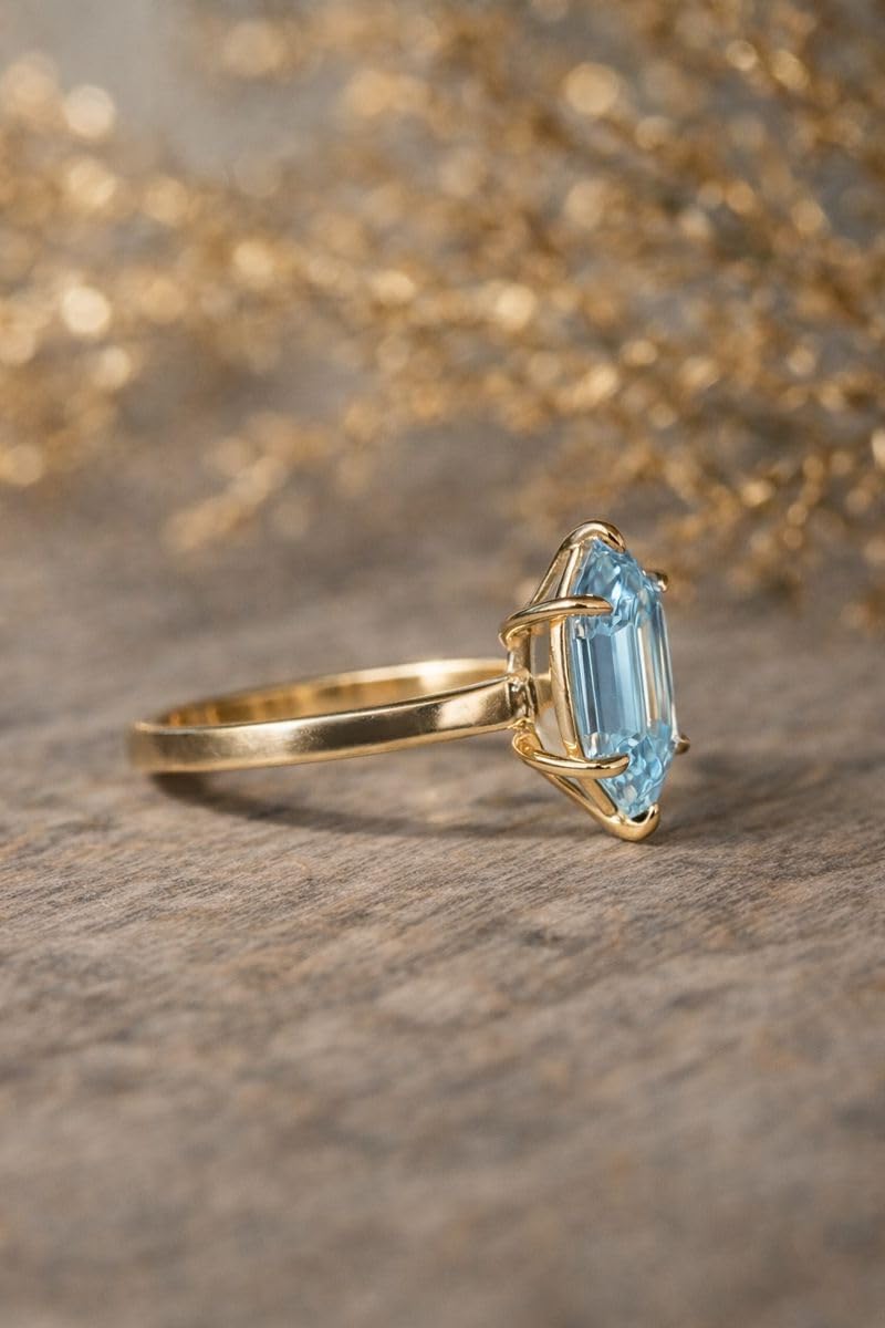 Hexagon Cut Blue Aquamarine Engagement Ring for Women 14K yellow Gold Solitaire Vintage Minimal Handmade Promise Ring Gift for Her