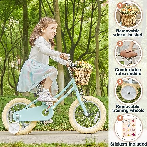 Petimini 16 Inch Little Kids Bike for Age 4 5 6 7 Years Old Girls Retro Vintage Style Bicycles with Basket Training Wheels and Bell, Mint Green - Thumbnail 3