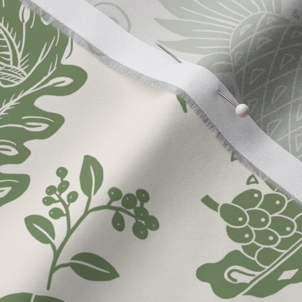 Spoonflower Fabric - Olive Sage Green Fruit Birds Victorian Peacock Seasonal Printed on Organic Cotton Sateen Fabric by The Yard - Sewing Quilting Apparel Home Decor
