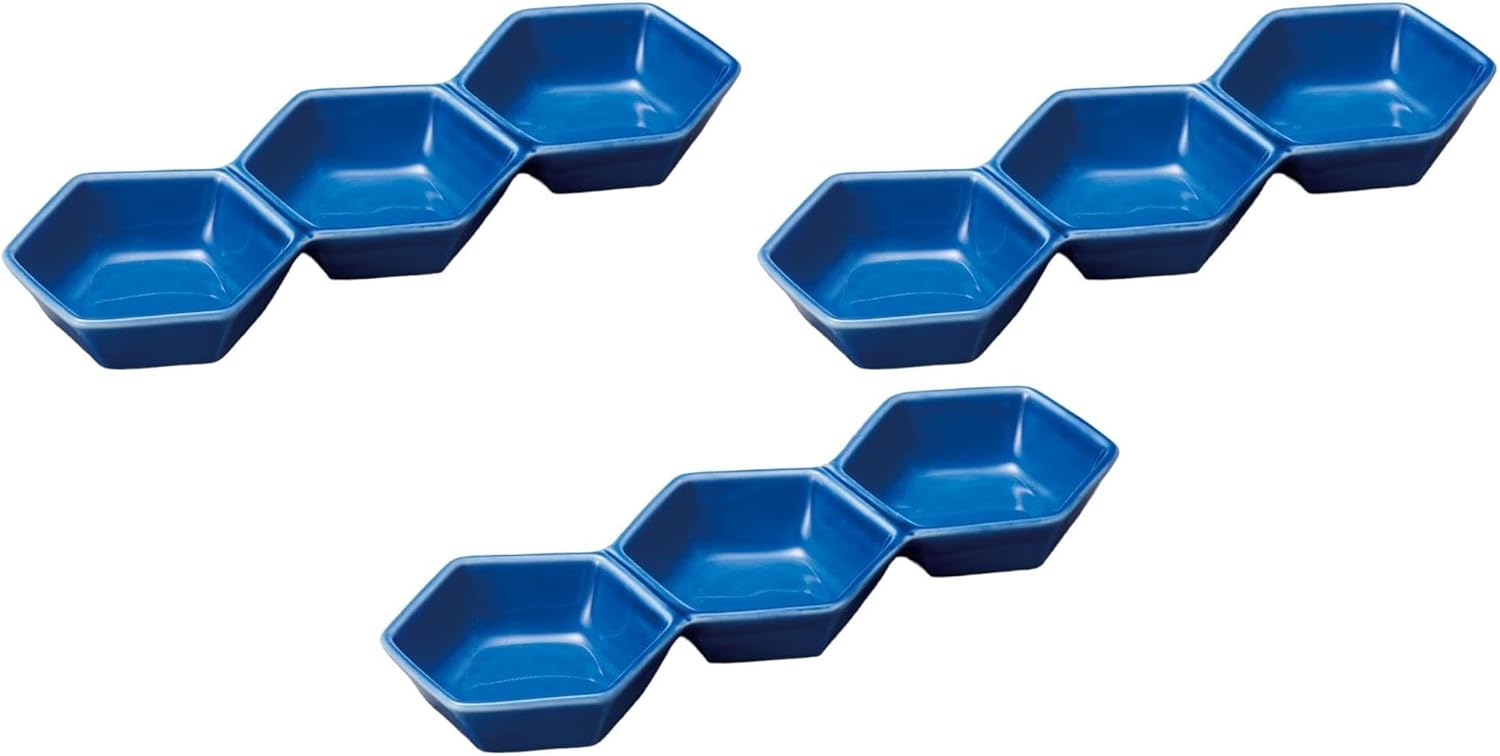 セトモノホンポ(Setomonohonpo) Set of 3 Blue Hexagonal 3 Rows [8.1 x 3.0 x 1.0 inches (20.7 x 7.5 x 2.5 cm) | Condiment Dish