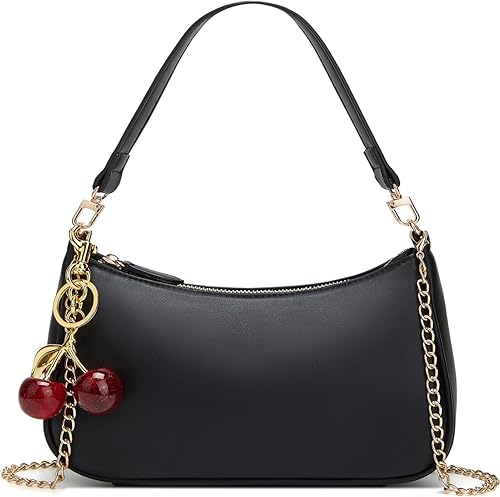 Bolso de hombro negro para mujer, lindo bolso tipo hobo con cereza, bolso retro tipo clutch para llevar debajo del brazo con correas removibles