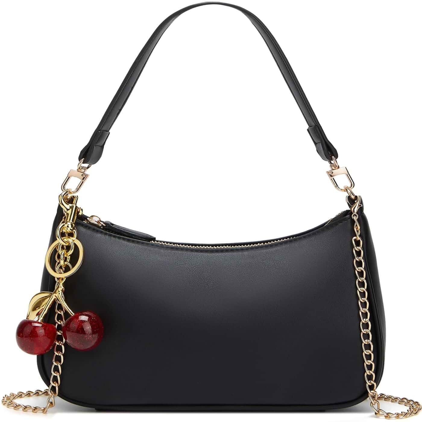 MOPOVO Black Shoulder Bag for Women Cute Hobo Cherry Purse Retro Clutch Underarm Handbag with Removable Straps
